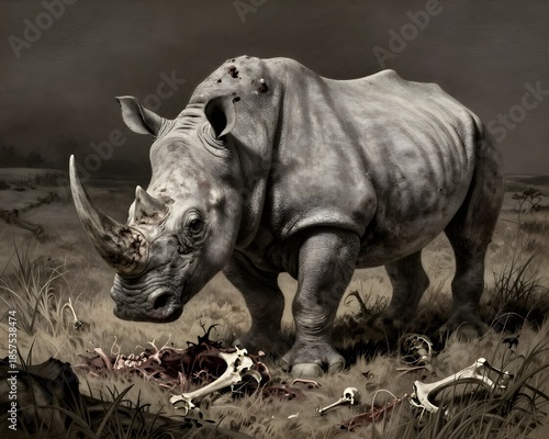 a wounded white rhinoceros in the savannah