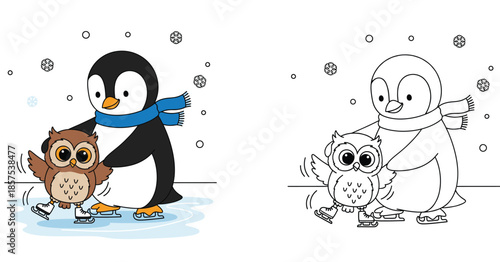 Cute penguin and owl ice skating coloring page. Vector illustration of winter birds cartoon for kids activity book with color and outline versions.