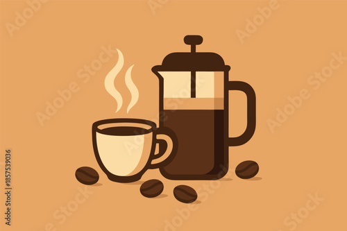 French Press Coffee Maker with Cup Flat Illustration