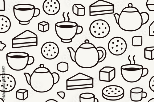 Tea and Dessert Seamless Pattern Line Illustration
