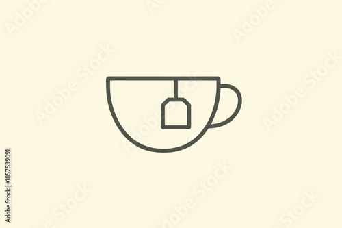 Tea Cup Line Icon with Tea Bag on Light Background