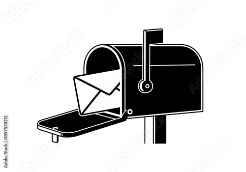 A simple black and white illustration depicting a mailbox with an envelope partially visible high-quality