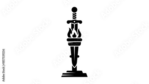 Stylized Sword with Flames Icon Black and White.