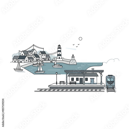 Illustration of Lighthouse and Train Station Scene.