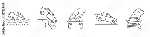 Car accident and vehicle breakdown icon set – editable outline symbols of car in water, falling from cliff, fire, rollover and engine smoke