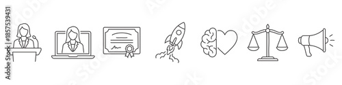 Female personal development icon set – editable outline symbols of public speaking, online training, certification, startup, emotional intelligence, justice and communication