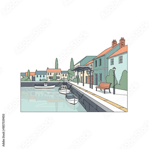 Illustration of Buildings Along the Waterfront.