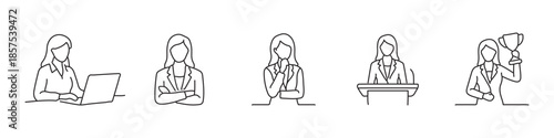Businesswoman leadership and success icon set – editable outline symbols of female professional working, thinking, speaking and winning trophy