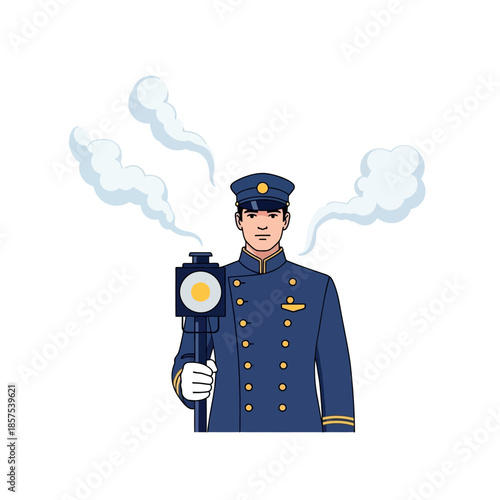 Cartoon Conductor Holding Train Signal.