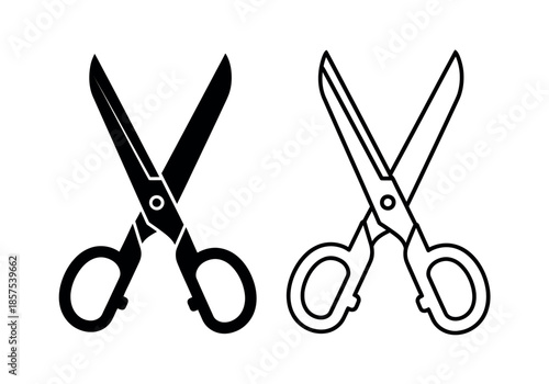 A simple illustration depicting two pairs of scissors in black and white outline form high-quality