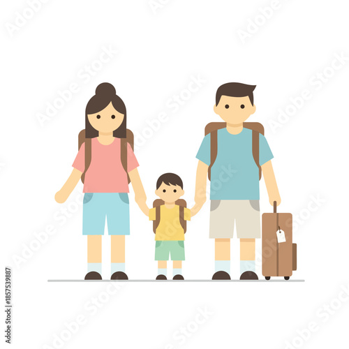 Family of Three with Luggage and Backpacks.