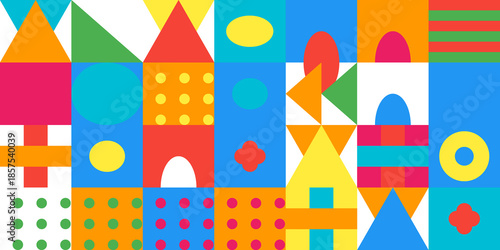 Abstract Cityscape Illustration with Colorful Geometric Towers and Playful Architecture Shapes