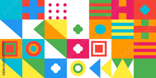 Vibrant Geometric Mosaic Background with Crosses Dots and Striped Rectangular Shapes