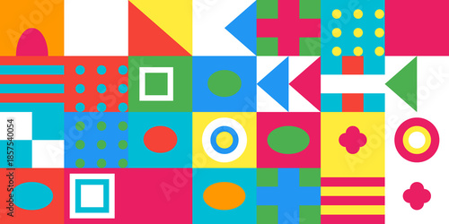 Creative Geometric Grid Background with Dotted Patterns and Vibrant Abstract Symbols