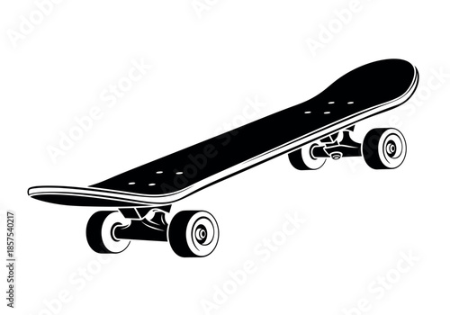 A black and white illustration depicts a classic skateboard with wheels and trucks visible high quality