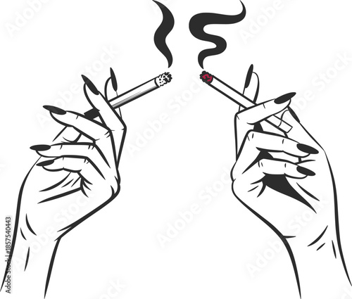 Hand Holding Cigarette Smoke Line Art Vector Illustration.