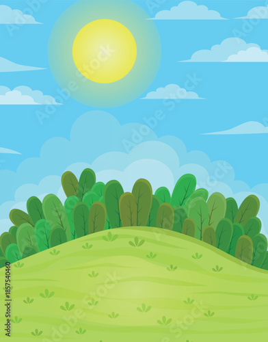 Sunny summer landscape with green hills blue sky and bushes