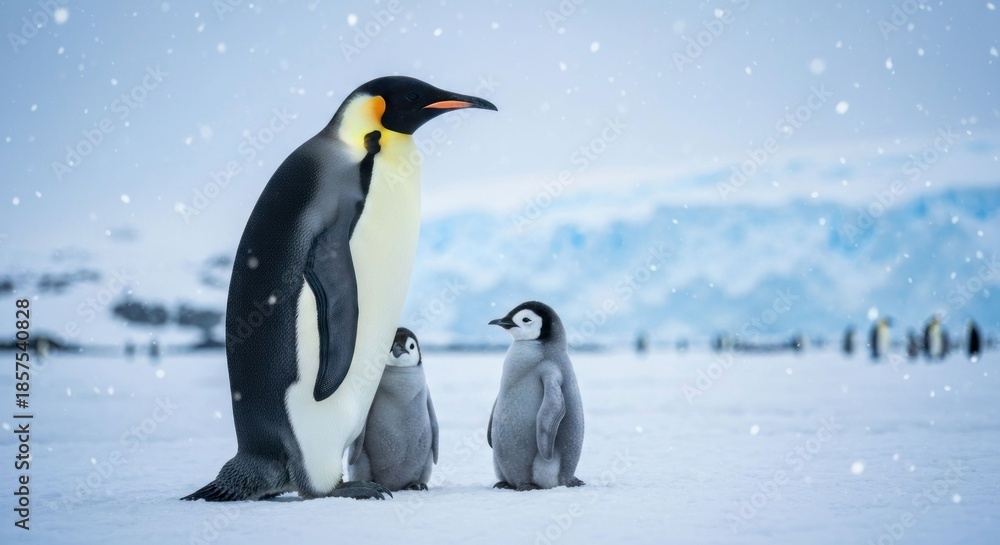 Fototapeta premium An Emperor penguin with two chicks stands in snow, with iceberg backdrop