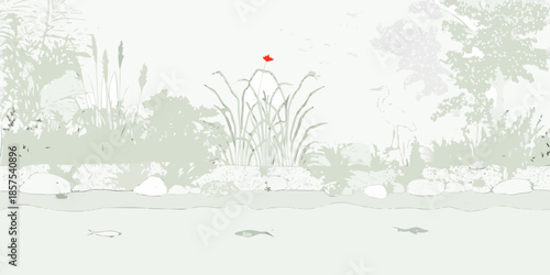 Serene landscape with pale green foliage a single red flower and water