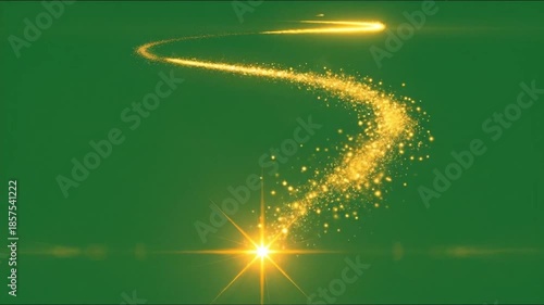 Single Golden Sparkle Trail Rising Upward in Smooth S-Curve on Green Screen, Seamless Loop Particle Reveal Animation from Star
