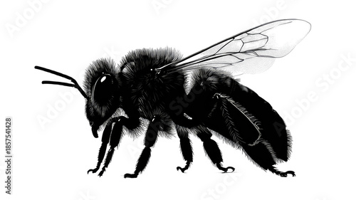 Detailed black bee insect macro illustration with translucent wings fine hair texture dramatic lighting isolated on white background