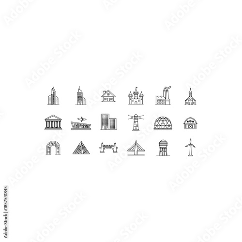 Icon set of architectural structures isolated on transparent background