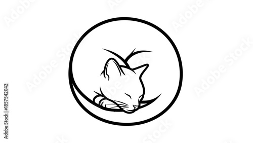 Sleeping cat curled up inside a circular frame logo icon