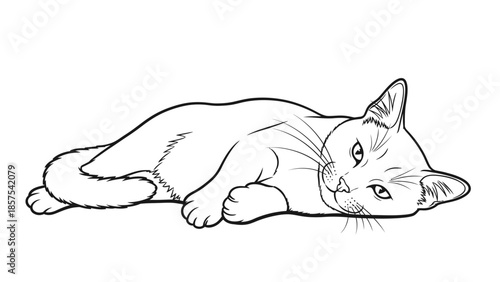 Cute domestic cat resting peacefully on the white background