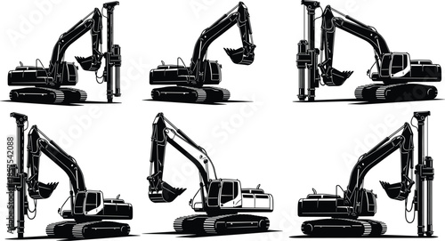 Set of heavy construction machinery silhouettes including excavators and drilling rigs, vector illustration for industrial engineering, building, and mining concepts