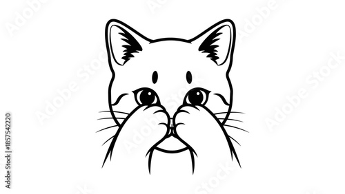 Cute cat with paws covering its mouth on a white background
