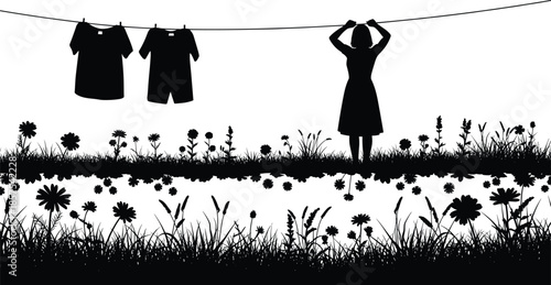 Silhouette of woman hanging laundry on clothesline in blooming flower garden, vector illustration for rural lifestyle and domestic work