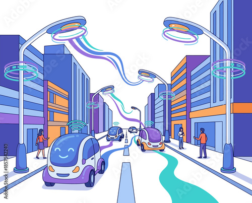Futuristic cityscape with autonomous vehicles and pedestrians in a vibrant, modern urban environment viewed from a street level.