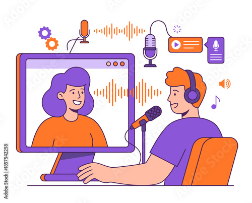 A person wearing headphones sits in front of a computer, recording a podcast or voiceover with a friendly woman on the screen, surrounded by audio editing icons and symbols