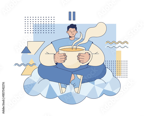 A person enjoying a meal in a trendy, flat design style with exaggerated proportions and corporate Memphis elements.