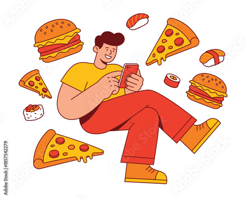 Man enjoying fast food while using mobile phone in a relaxed sitting position surrounded by various food items