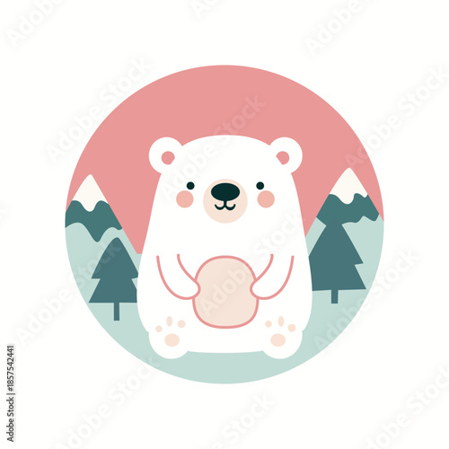 Cute Polar Bear Sitting with Snowball Vector Badge, Kawaii Winter Cartoon Bear with Forest Background