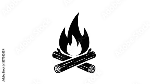 Simple Black and White Campfire Icon with Burning Logs.