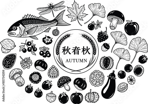 Circular autumn harvest frame with fish, mushrooms, leaves, and Japanese text, black and white vector illustration for seasonal design