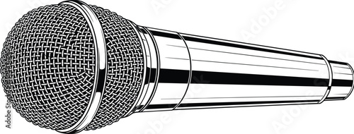 Realistic dynamic microphone for audio recording, black and white vector illustration for music, podcast, studio equipment, and sound technology concepts