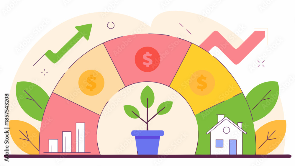 Fototapeta premium Financial growth cycle with plant and house illustration.