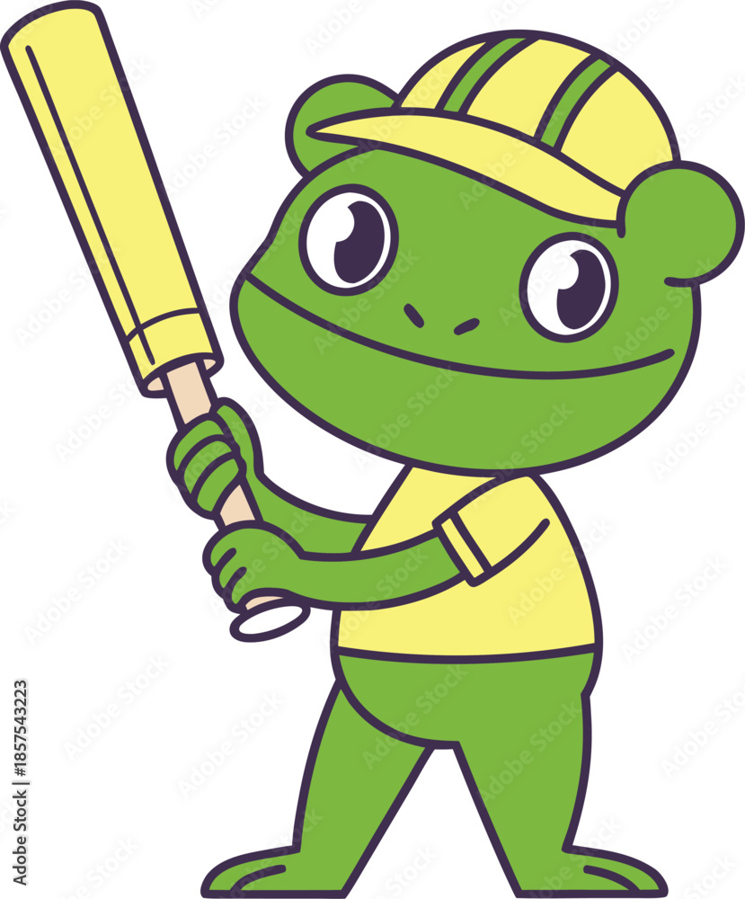 Obraz premium Smiling green cartoon frog wearing yellow shirt and cap holding bat