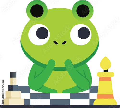 A green cartoon frog sitting on a chessboard with pieces