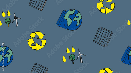Seamless pattern of environmental symbols and renewable energy sources.