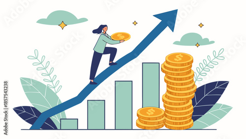 Woman climbing upward arrow graph with coins symbolizing financial growth.