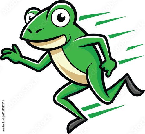 Green cartoon frog running quickly with motion lines behind him fast movement