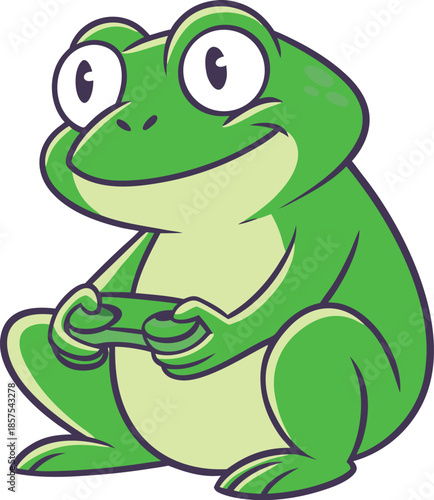 A cartoon green frog sitting with a video game controller