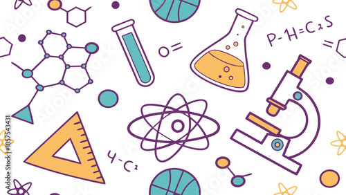 Science and chemistry doodles with microscope and test tubes.