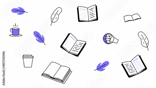 Collection of hand-drawn books and feathers with coffee cup.