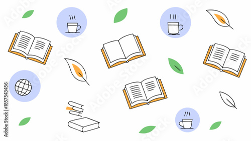 Open books and steaming coffee cups seamless pattern.