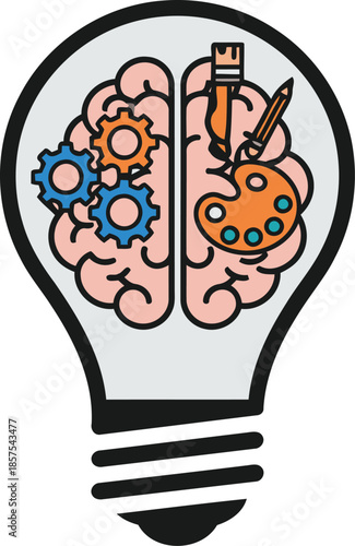 A brilliant concept merges analytical reasoning with artistic imagination inside a glowing lightbulb